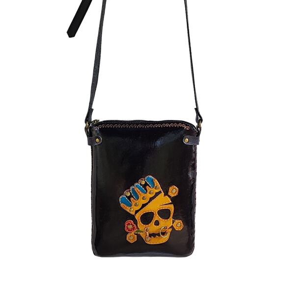 Day of the Dead Black Leather Skull Crossbody Bag Gold Studs Festival Goth NEW - Picture 11 of 11